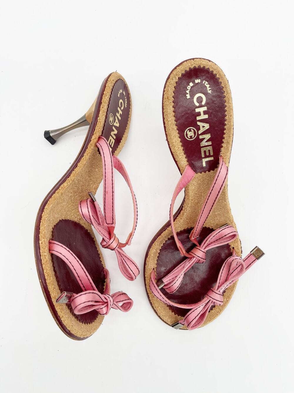 Chanel Vintage Pink Double Strap Satin Bow Cork Sole Slide Sandal Heels EU 37.5